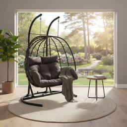 Living and Home Outdoor Hanging Egg-Shaped Chair in Black - Size: B - thumbnail 2