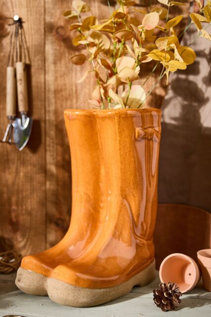 Dibor Orange Double Wellington Boots Large Ceramic Indoor Outdoor Flower Pot Garden Planter Pot H29.5 x W24cm - image 1