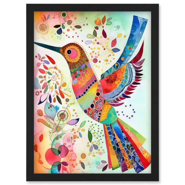 Artery8 Hummingbird With Multicolour Pattern Feathers Folk Art Watercolour Painting Artwork Framed Wall Art Print A4 in Black - image 1