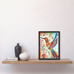 Artery8 Hummingbird With Multicolour Pattern Feathers Folk Art Watercolour Painting Artwork Framed Wall Art Print A4 in Black - thumbnail 2