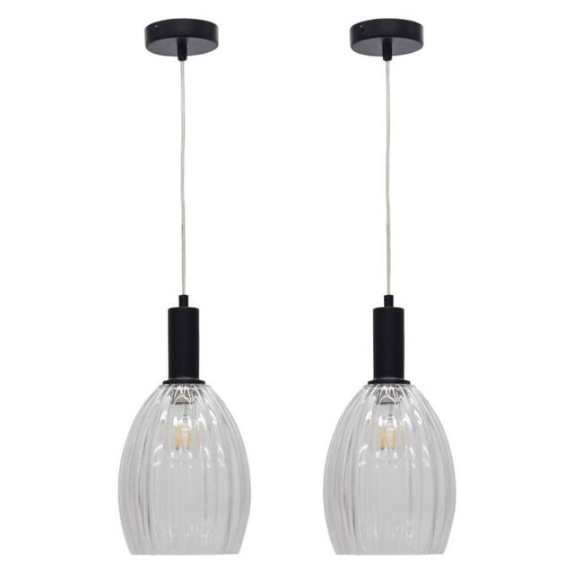First Choice Lighting Set of 2 Birch - Clear Fluted Glass Black Deco Pendant Fittings - image 1