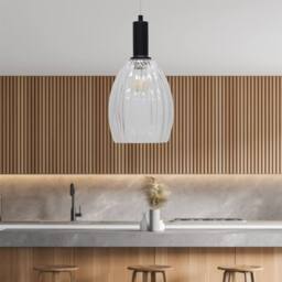 First Choice Lighting Set of 2 Birch - Clear Fluted Glass Black Deco Pendant Fittings - thumbnail 4