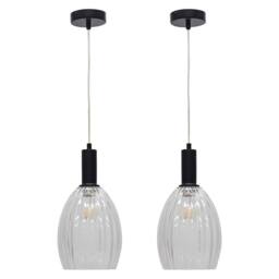 First Choice Lighting Set of 2 Birch - Clear Fluted Glass Black Deco Pendant Fittings - thumbnail 1