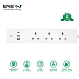 ENER-J 13A SMART Wi-Fi Power Strips with 3 Sockets, 2 USB Ports & 1 Type C Port in White - thumbnail 2