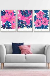 ARTZE Set of 3 Light Grey Framed Navy Blue & Pink Flower Market Bouquets Wall Art - Size: W33 cm x H45 cm x D20mm - thumbnail 1