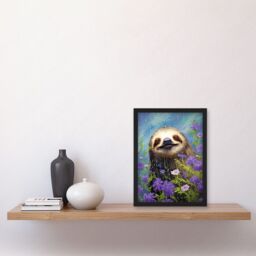 Artery8 Wall Art Print Carefree Sloth in a Field of Lavender Daisies Oil Painting Enjoying the Spring Rain Kids Bedroom Artwork Framed A4 in Black - thumbnail 2