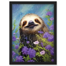 Artery8 Wall Art Print Carefree Sloth in a Field of Lavender Daisies Oil Painting Enjoying the Spring Rain Kids Bedroom Artwork Framed A4 in Black - thumbnail 1
