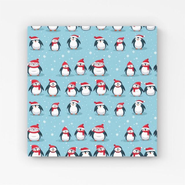 Warren Reed - Designer Adorable Santa Penguins Canvas in Blue - Size: w40 inch x h40 inch - image 1
