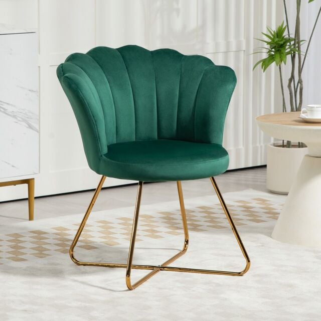 HOMCOM Accent Chair, Velvet Armchair with Lotus Backrest, Steel Legs, Green - image 1