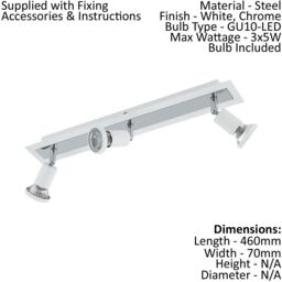 Loops Wall Ceiling 3 Spot Light Colour White Chrome Shade & Back Plate Bulb GU10 3x5W - thumbnail 2