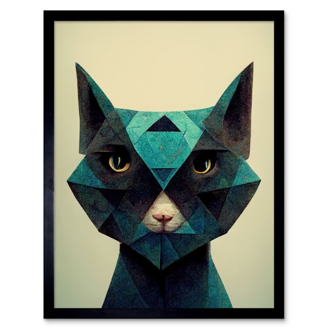 "Artery8 Wall Art Print Fun Geometric Teal Cat Art Framed in Black - Size: W12"" x H16""" - image 1