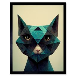 "Artery8 Wall Art Print Fun Geometric Teal Cat Art Framed in Black - Size: W12"" x H16""" - thumbnail 1