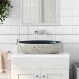 Berkfield Home Durable Countertop Basin Sand & Blue Oval 59x40x14 cm Ceramic - Size: 59 x 40 x 14 cm - thumbnail 2