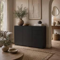 Wyld Haus Lino High Gloss Black Sideboard 2 Drawers 3 Doors Push Click Opening
