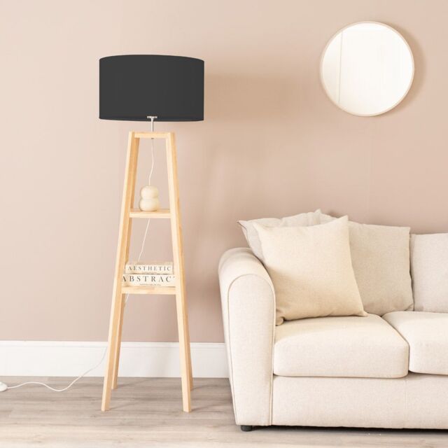 ValueLights Wakefield Quad Base Two Shelf Wooden Floor Lamp with Fabric Shade & LED Bulb in Black - image 1