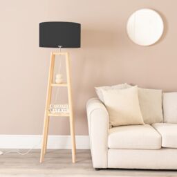 ValueLights Wakefield Quad Base Two Shelf Wooden Floor Lamp with Fabric Shade & LED Bulb in Black
