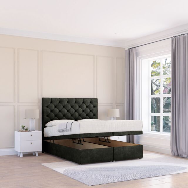 Sloomy Mayfair Dumfries Fabric Ottoman Bed End Opening With Sprung Memory Mattress & 26 Inch strut Headboard in Black - Size: King - image 1
