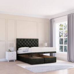 Sloomy Mayfair Dumfries Fabric Ottoman Bed End Opening With Sprung Memory Mattress & 26 Inch strut Headboard in Black - Size: King - thumbnail 1