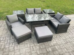 Fimous Outdoor Garden Dining Set Wicker PE Rattan Furniture Sofa with Dining Table Double Seat Sofa 2 Side Tables 2 Big Footstool in Dark Grey - thumbnail 2