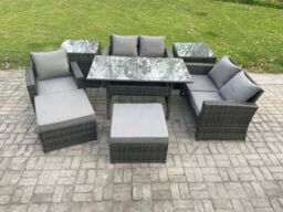 Fimous Outdoor Garden Dining Set Wicker PE Rattan Furniture Sofa with Dining Table Double Seat Sofa 2 Side Tables 2 Big Footstool in Dark Grey - thumbnail 1