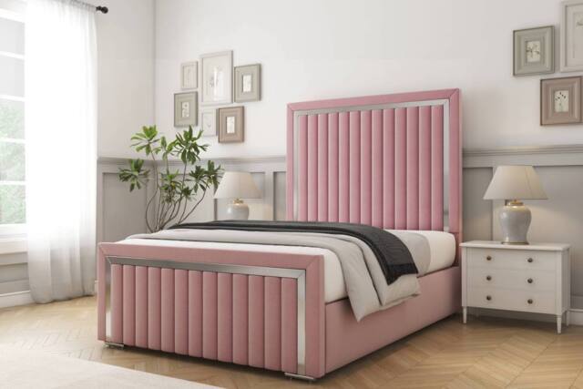 "Comfort Beds Boston Chrome Plush Bed Frame - 50"" Upholstered Headboard in Pink - Size: Small Double" - image 1