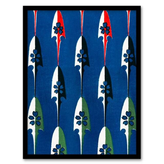 Artery8 Furuya Korin Framed Wall Art Vintage Japan Arrowheads Pattern in Blue - Size: A4 - image 1