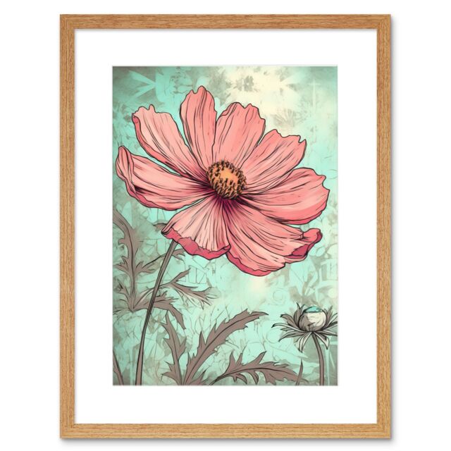 "Artery8 Wall Art Print Cosmos Flower Bloom Soft Pink & Teal Watercolour Artwork Framed 9X7 Inch in Beige - Size: W7"" x H9""" - image 1