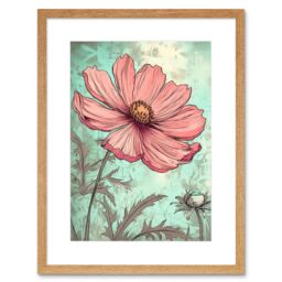 "Artery8 Wall Art Print Cosmos Flower Bloom Soft Pink & Teal Watercolour Artwork Framed 9X7 Inch in Beige - Size: W7"" x H9""" - thumbnail 1