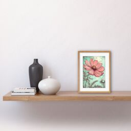 "Artery8 Wall Art Print Cosmos Flower Bloom Soft Pink & Teal Watercolour Artwork Framed 9X7 Inch in Beige - Size: W7"" x H9""" - thumbnail 2