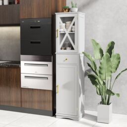 Gymax Freestanding Narrow Storage Cupboard Bathroom Tall Cabinet in White - thumbnail 7