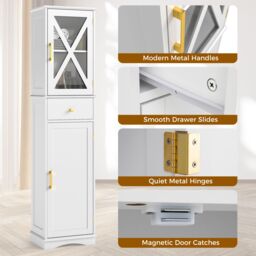 Gymax Freestanding Narrow Storage Cupboard Bathroom Tall Cabinet in White - thumbnail 5