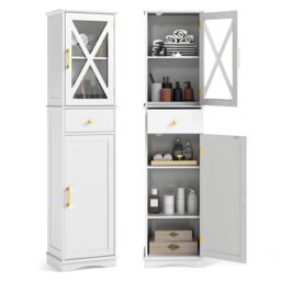 Gymax Freestanding Narrow Storage Cupboard Bathroom Tall Cabinet in White - thumbnail 1