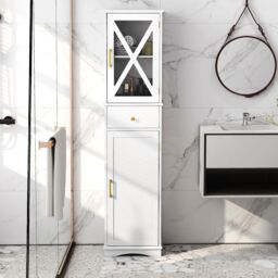 Gymax Freestanding Narrow Storage Cupboard Bathroom Tall Cabinet in White - thumbnail 6