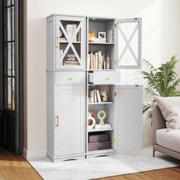 Gymax Freestanding Narrow Storage Cupboard Bathroom Tall Cabinet in White - thumbnail 3