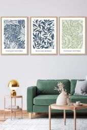 ARTZE Set of 3 Oak Framed Blue & Green William Morris Vintage Floral Wall Art in Mid Blue - Size: W45 cm x H62 cm x D20mm