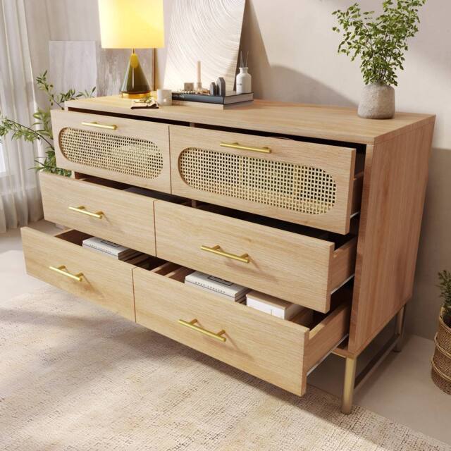 BTM Rattan Sideboard Storage Cabinet with 6 Drawers 120 x 40 x 74 cm, Oak in Light Oak - Size: 120 x 40 x 74 cm - image 1