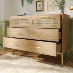 BTM Rattan Sideboard Storage Cabinet with 6 Drawers 120 x 40 x 74 cm, Oak in Light Oak - Size: 120 x 40 x 74 cm - thumbnail 8