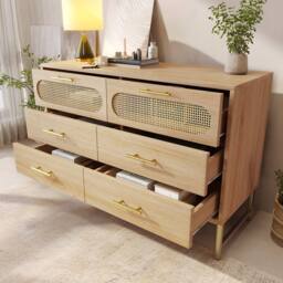 BTM Rattan Sideboard Storage Cabinet with 6 Drawers 120 x 40 x 74 cm, Oak in Light Oak - Size: 120 x 40 x 74 cm