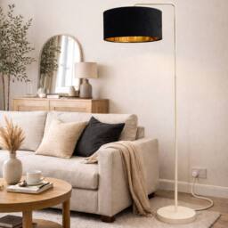 CGC Lighting Kyra Cream Angled Floor Lamp with Large 45cm Velvet Lampshade in Black - thumbnail 1