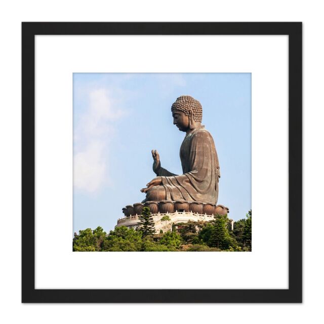 Artery8 Beria L. Rodriguez Tian Tan Buddha Statue Photo 8X8 Inch Square Wooden Framed Wall Art Print Picture with Mount in Black - image 1