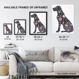 Artery8 Elegant Flower Pattern Great Dane Dog Lover Framed Wall Art in Red - Size: A4 - thumbnail 3