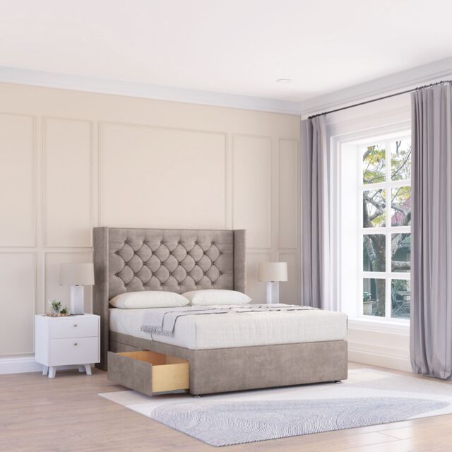 "Sloomy Dior Plush Wingback Bed Set, 2 Drawers & 54"" Floor Standing Headboard in Stone - Size: Small Double" - image 1