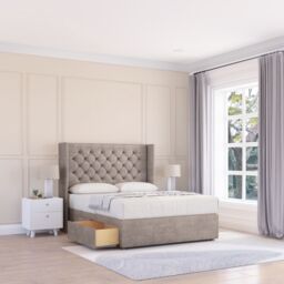"Sloomy Dior Plush Wingback Bed Set, 2 Drawers & 54"" Floor Standing Headboard in Stone - Size: Small Double" - thumbnail 1