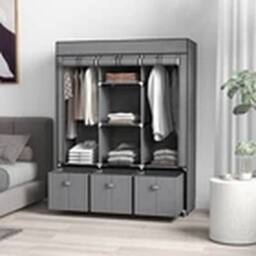 EONLION Grey Portable Fabric Wardrobe with 5 Shelves & 3 Drawers - thumbnail 3