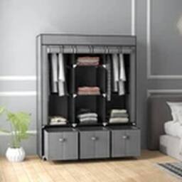EONLION Grey Portable Fabric Wardrobe with 5 Shelves & 3 Drawers - thumbnail 4