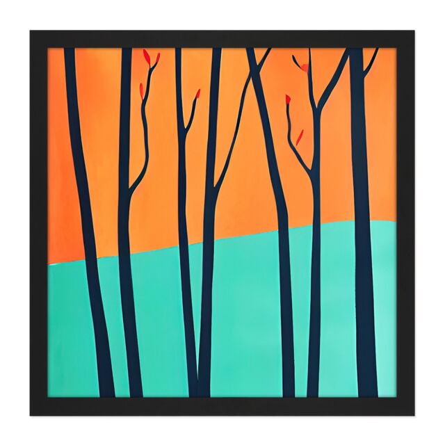 "Artery8 Wall Art Print Trees In Autumn Modern Landscape Turquoise Orange Square Framed Picture 16X16 Inch in Black - Size: W16"" x H16""" - image 1