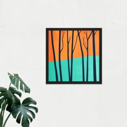 "Artery8 Wall Art Print Trees In Autumn Modern Landscape Turquoise Orange Square Framed Picture 16X16 Inch in Black - Size: W16"" x H16""" - thumbnail 2