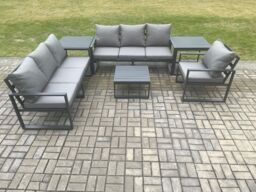 Fimous Aluminium 7 Seater Outdoor Garden Furniture Lounge Sofa Set with Square Coffee Table Chair 2 Side Table Dark Grey - thumbnail 1
