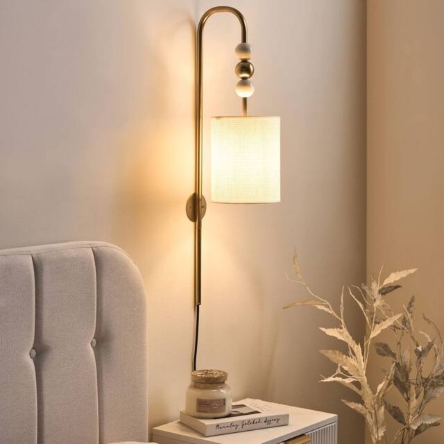 Wyld and Coco Wall Lamp Brass Finish Iron Beige Fabric Drum Shade Mid Century - image 1
