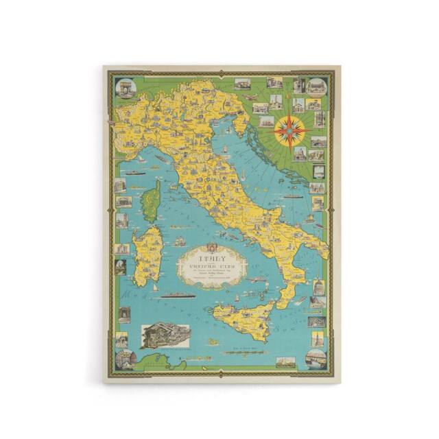 "Artery8 Chase 1944 Pictorial Map Italy Vatican City Canvas Wall Art Print in Blue - Size: W24"" x H32""" - image 1